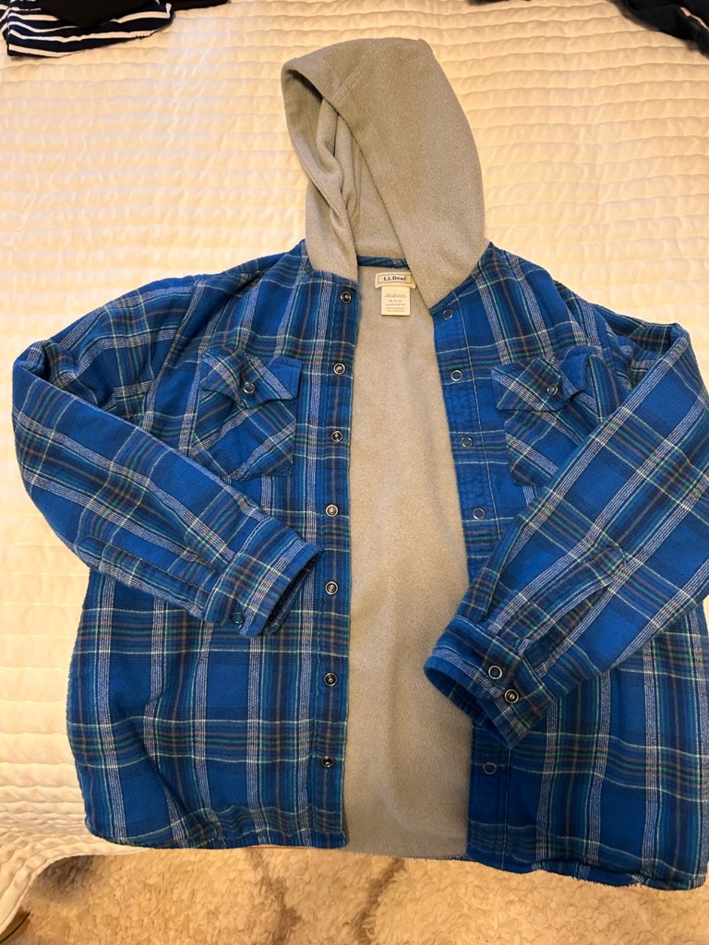 L.L.Bean Kids Hooded Fleece-Lined Plaid Jacket - Blue/Gray